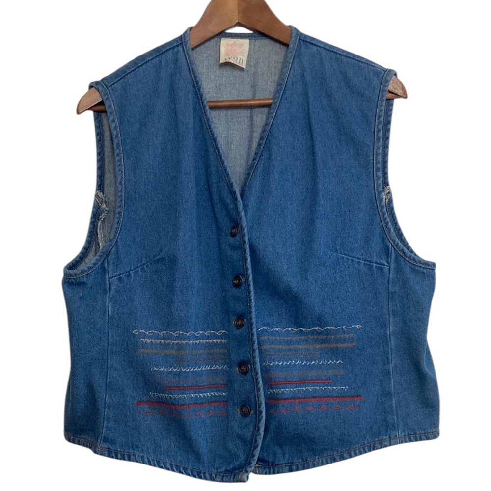 Vintage Avon Denim Vest Womens XL XXL Blue Jean Southwestern Cowgirl 90s  Mom
